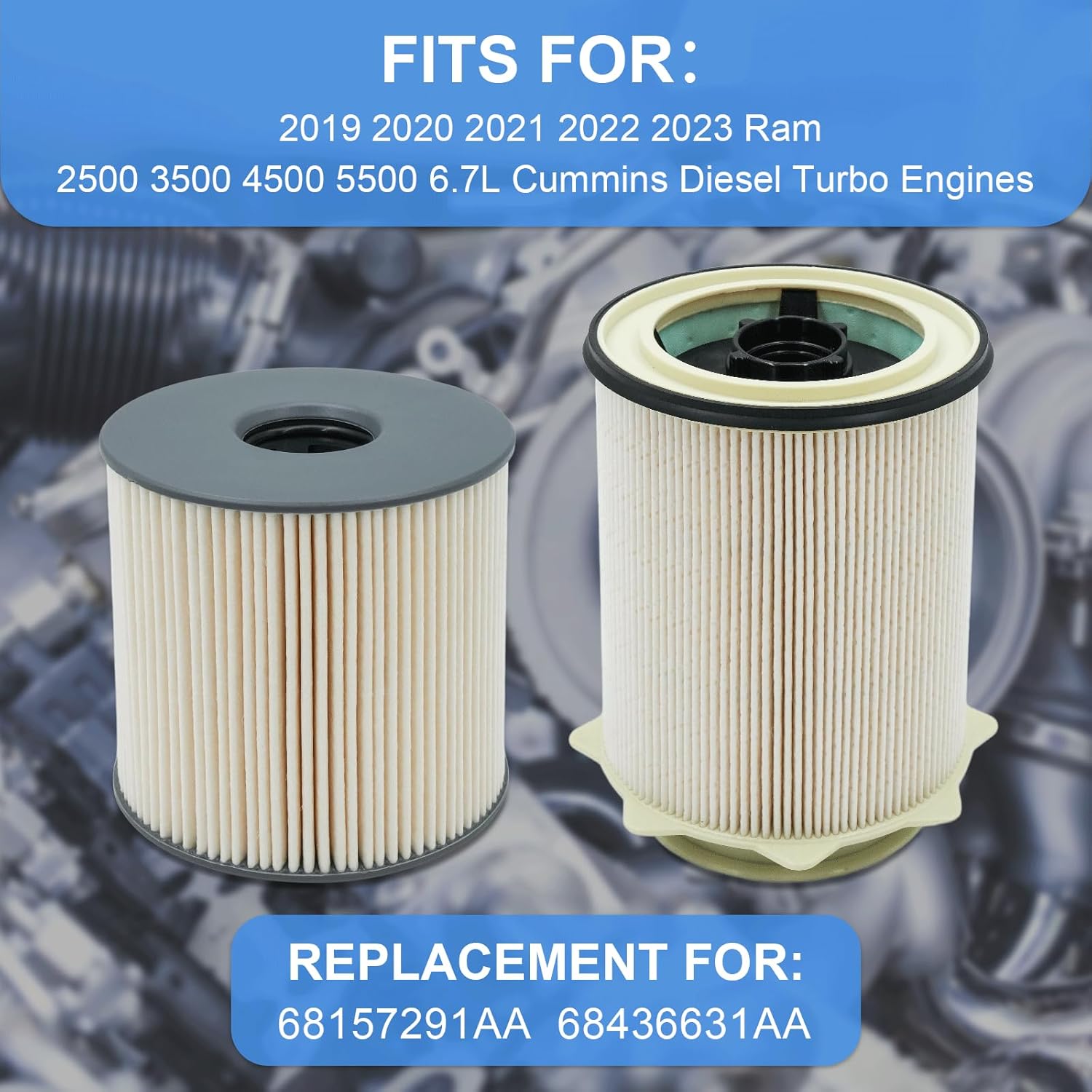 Fuel Filter Water Separator Set Upgraded Fits for 2019 2020 2021 2022 2023 Dodge Ram 2500 3500 4500 5500 6.7L Cummins Diesel Turbo Engines, Replace 68157291AA 68436631AA