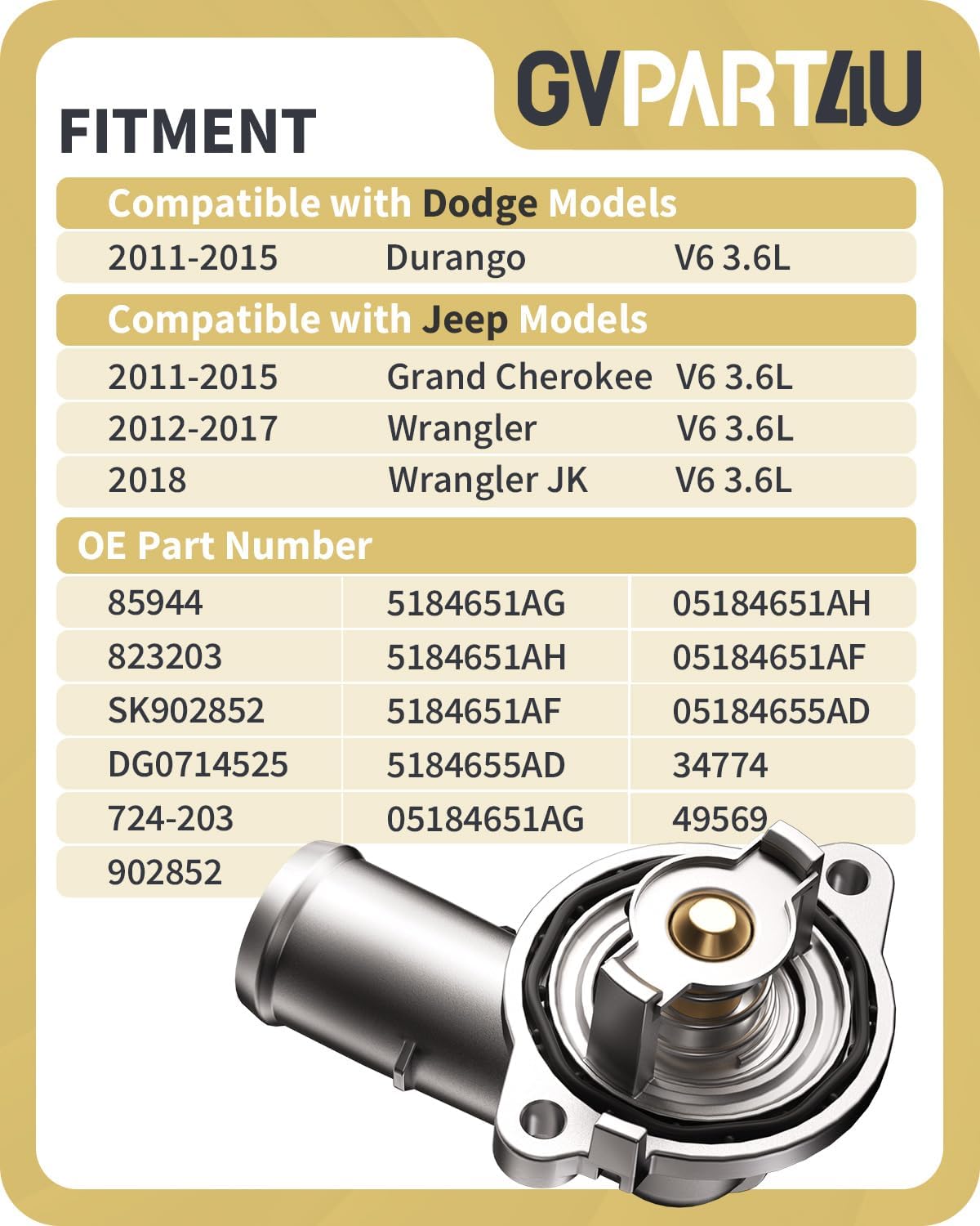 Thermostat Housing Assembly Fit for Jeep Dodge, OEM 5184651AF | 3.6L Aluminum Engine Coolant Thermostat for Grand Cherokee 2011-2015, Wrangler JK 2012-2018, Durango 2011-2015, OE 902-852