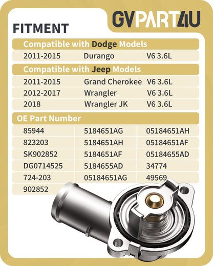 Thermostat Housing Assembly Fit for Jeep Dodge, OEM 5184651AF | 3.6L Aluminum Engine Coolant Thermostat for Grand Cherokee 2011-2015, Wrangler JK 2012-2018, Durango 2011-2015, OE 902-852