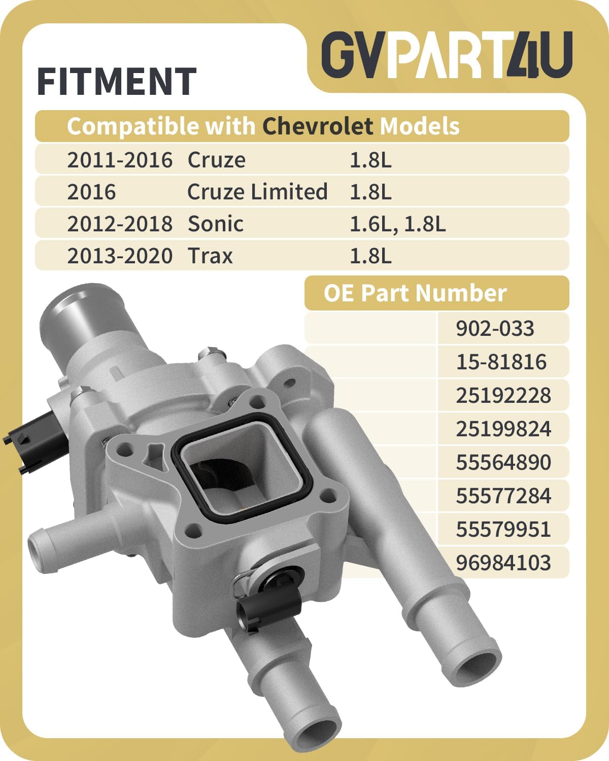 Upgraded Aluminum Engine Coolant Thermostat Housing Assembly with Gasket & Sensor -Fit for Chevrolet Cruze 2011-2016, Sonic 2012-2018, Trax 2013-2020, 1.6L &1.8L, Replace 25199824 25192228