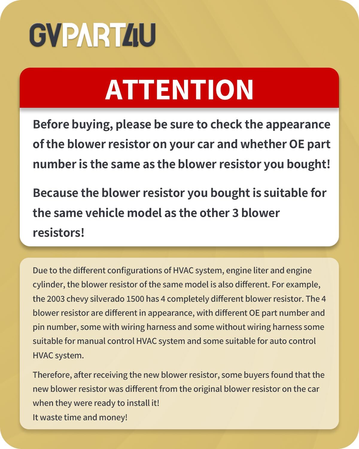 Blower Motor Resistor 89019088 2003 2004 2005 2006 for Chevy Chevrolet Avalanche Silverado 1500 2500 Suburban Tahoe, for GMC Sierra Yukon, Blower Resistor 1581086 with Manual AC Control