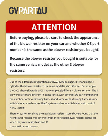 Blower Motor Resistor 89019088 2003 2004 2005 2006 for Chevy Chevrolet Avalanche Silverado 1500 2500 Suburban Tahoe, for GMC Sierra Yukon, Blower Resistor 1581086 with Manual AC Control