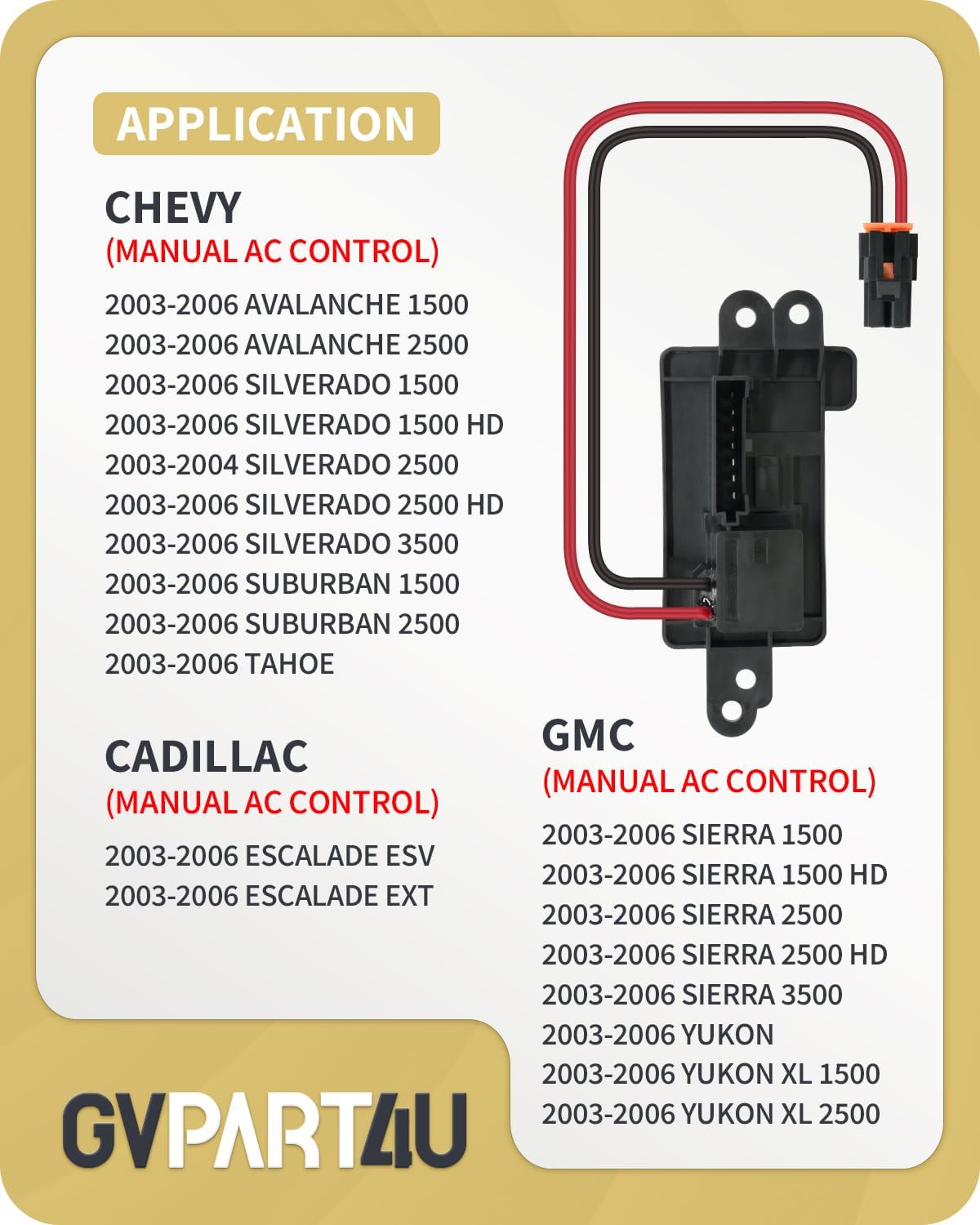 Blower Motor Resistor 89019088 2003 2004 2005 2006 for Chevy Chevrolet Avalanche Silverado 1500 2500 Suburban Tahoe, for GMC Sierra Yukon, Blower Resistor 1581086 with Manual AC Control